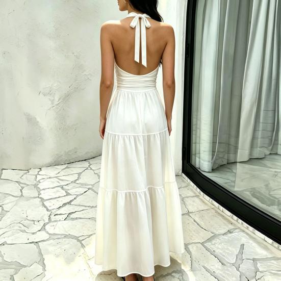 Women's Sleeveless Halter Maxi Dress Crisscross Ruched Backless Tiered A-line Swing