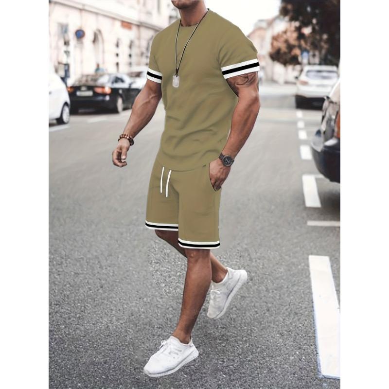 Men's Fashion Solid Color Casual Two-piece Set, Including Round Neck Short Sleeved T-shirt and Drawstring Shorts