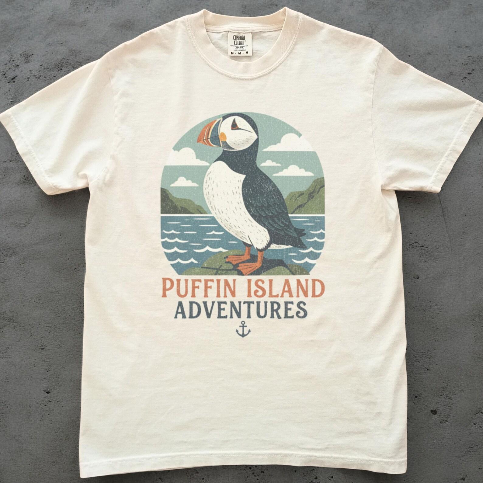 Puffin Island Adventures Shirt, Puffin Bird T shirt, Coastal Explorer Tee, Retro Seabird Shirt, Nature Lover Gift, Ocean Wildlife Top 4XL