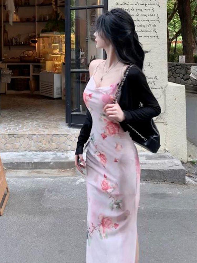 Rose print suspender dress women's summer design sense slim and thin pure desire sexy swinging collar short hip skirt