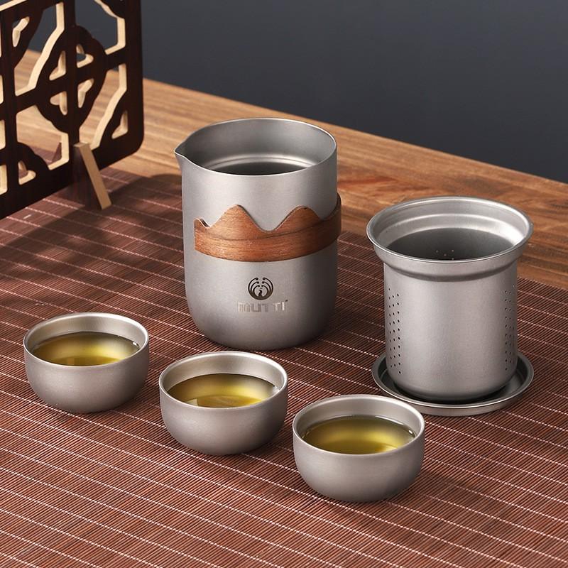 Portable Pure Titanium Travel Tea Set With Double-Wall Insulated Cup Outdoor Camping Pot Gift