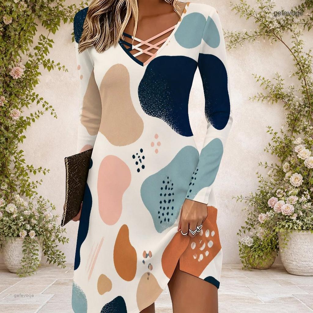 Women Criss Cross V Neck Long Sleeve Abstract Printed Curved Hem Dress