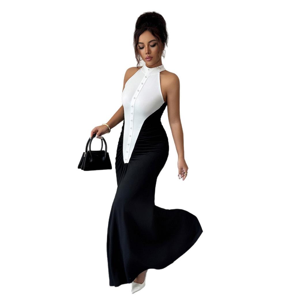 Cross-border European and American elegant style fashion color matching hip-wrapped dress dress women's clothing autumn and winter independent