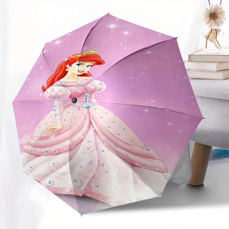 Princess Ariel, Pink Gown Automatic Opening and Closing Umbrella - 8 Ribs Portable Folding Umbrella with Plastic Handle, Suitable for Leisur