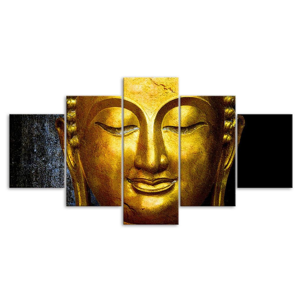 Golden Buddha Face Statue Canvas 5 Piece Wall Print Multi Panel Modern Art Poster Home Decor Picture Gift For Him For Her