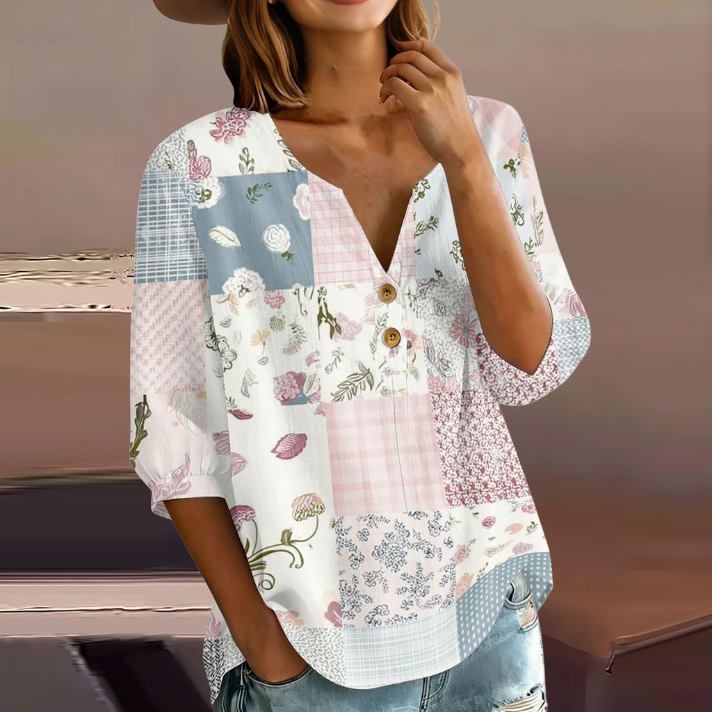 Women’s Fashion Printed Patchwork Cotton Linen Henley Shirt with Button Front and Three Quarter Sleeves Relaxed Fit Top