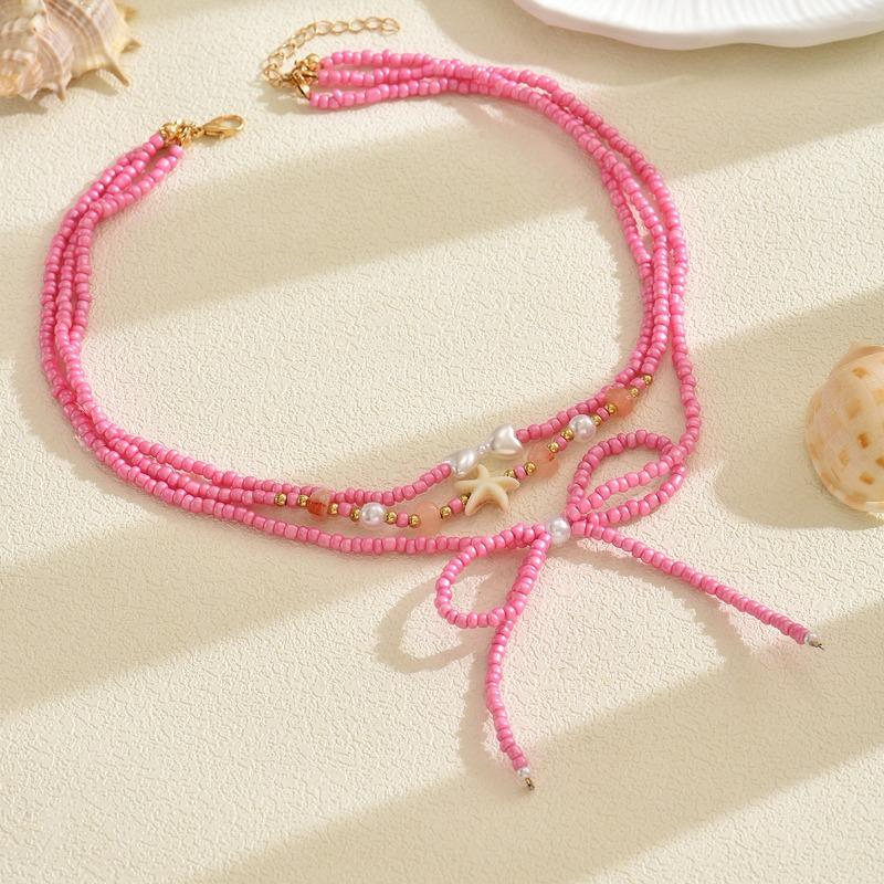 New Bow Colored Beaded Pendant Necklace Summer Versatile Dopamine Jewelry Necklace Women