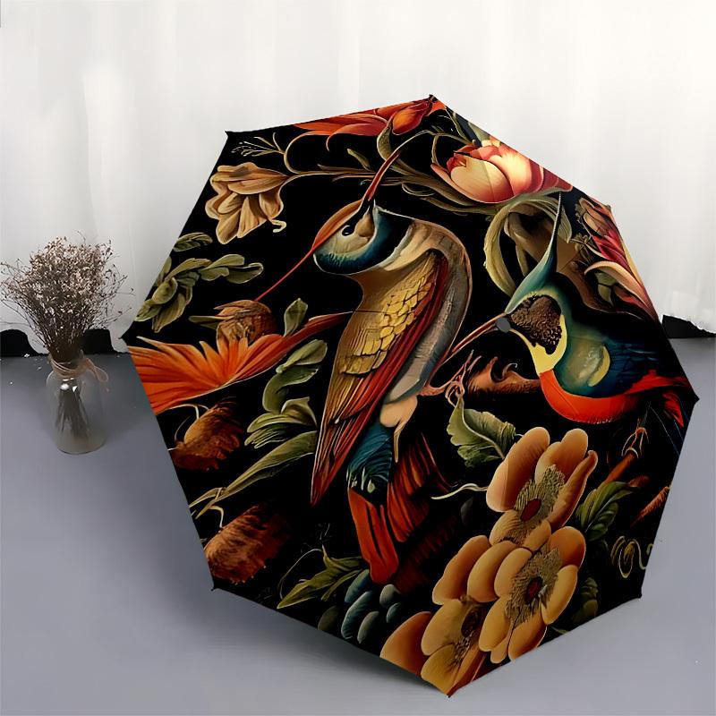 1pc bird flowersOpen/Close Umbrella-Windproof, Compact Travel Umbrella, Sturdy 8-Rib Shaft, Outdoor Accessory, 1093
