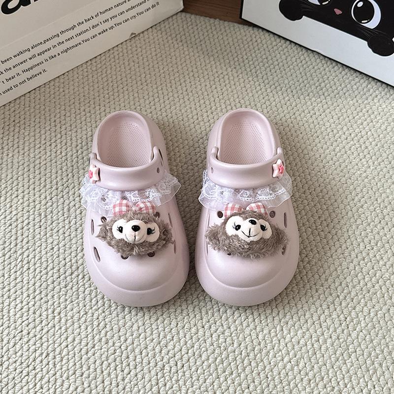 Cute and Sweet Shirley Rose Bow Hole Shoes Women's Summer 2025 Fashion Outer Wear Lace Edge Bag Head Slippers