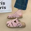 Fashion 2025 New Flock Shoes Ladies' Slippers Low Heels Summer Woman Cover Toe Low Platform Beach Fabric Rome Rubber