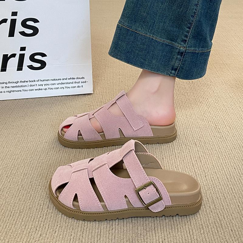 Fashion 2025 New Flock Shoes Ladies' Slippers Low Heels Summer Woman Cover Toe Low Platform Beach Fabric Rome Rubber