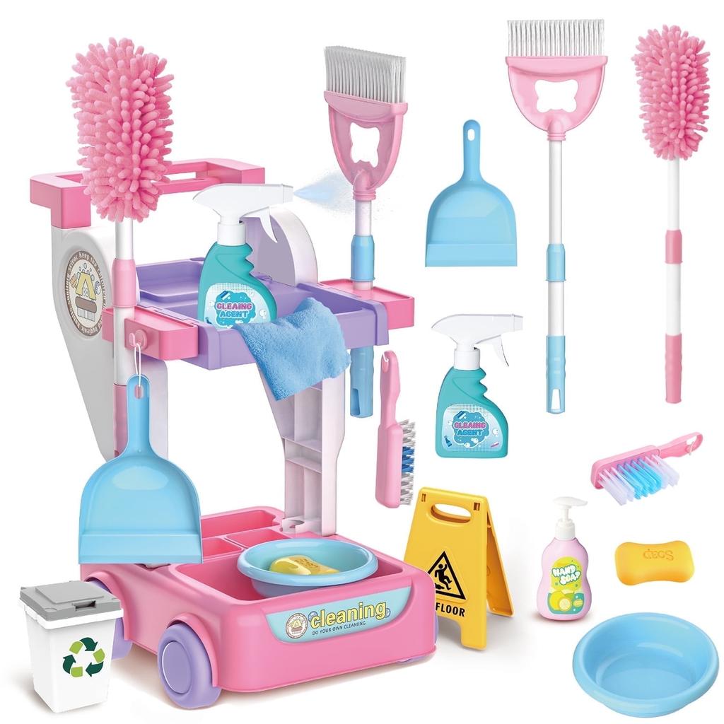 Kids Cleaning Set Toddler Cleaning Toy Set Pretend Play Housekeeping Educational Toy with Cart Broom Dust Pan Mop Christmas Gift