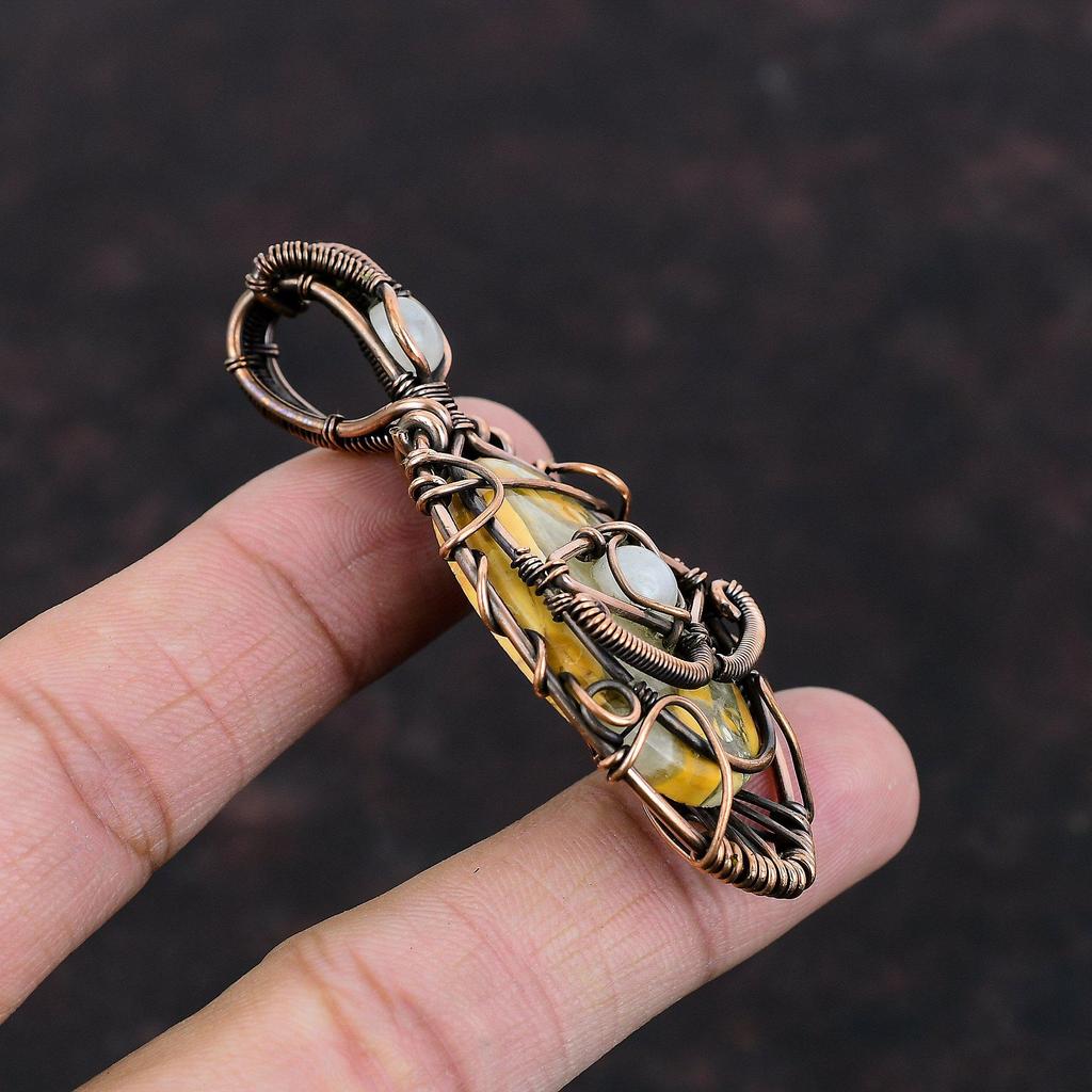 Evil Eye Maligano Jasper Pendant Copper Wire Wrapped Pendant Handmade Gemstone Jewelry Rainbow Moonstone Pendant Unique Jewelry Gift For Mom