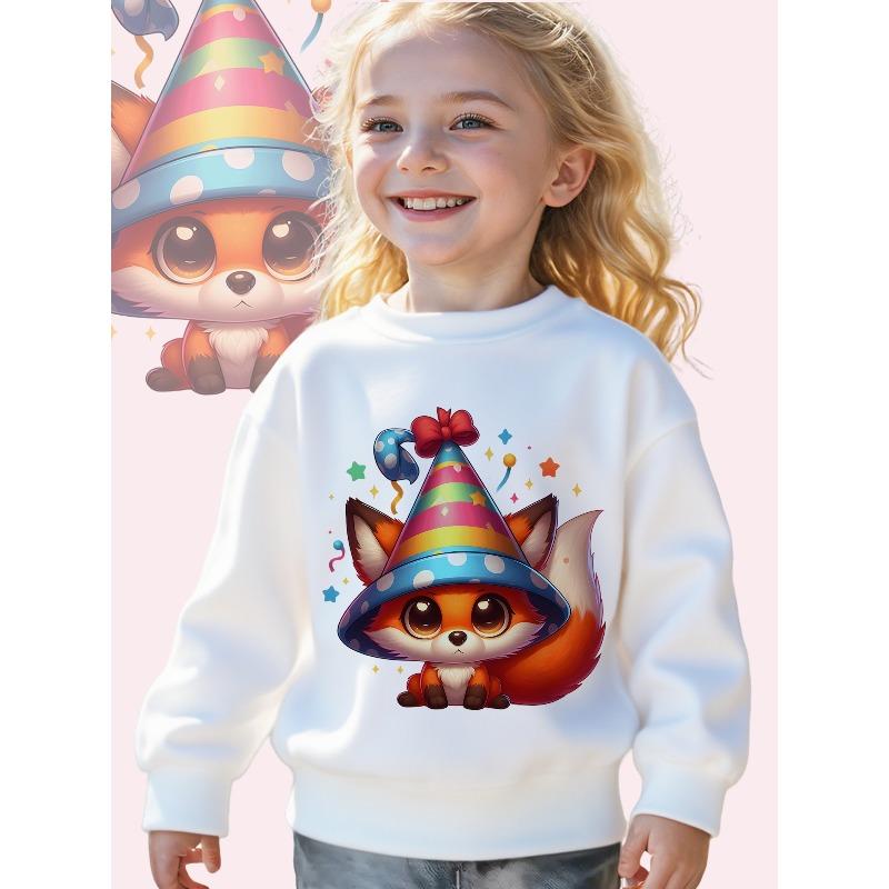 Kids Crewneck Sweatshirt, Festive Party Fox Graphic Print, Soft Casual Long Sleeve Pullover