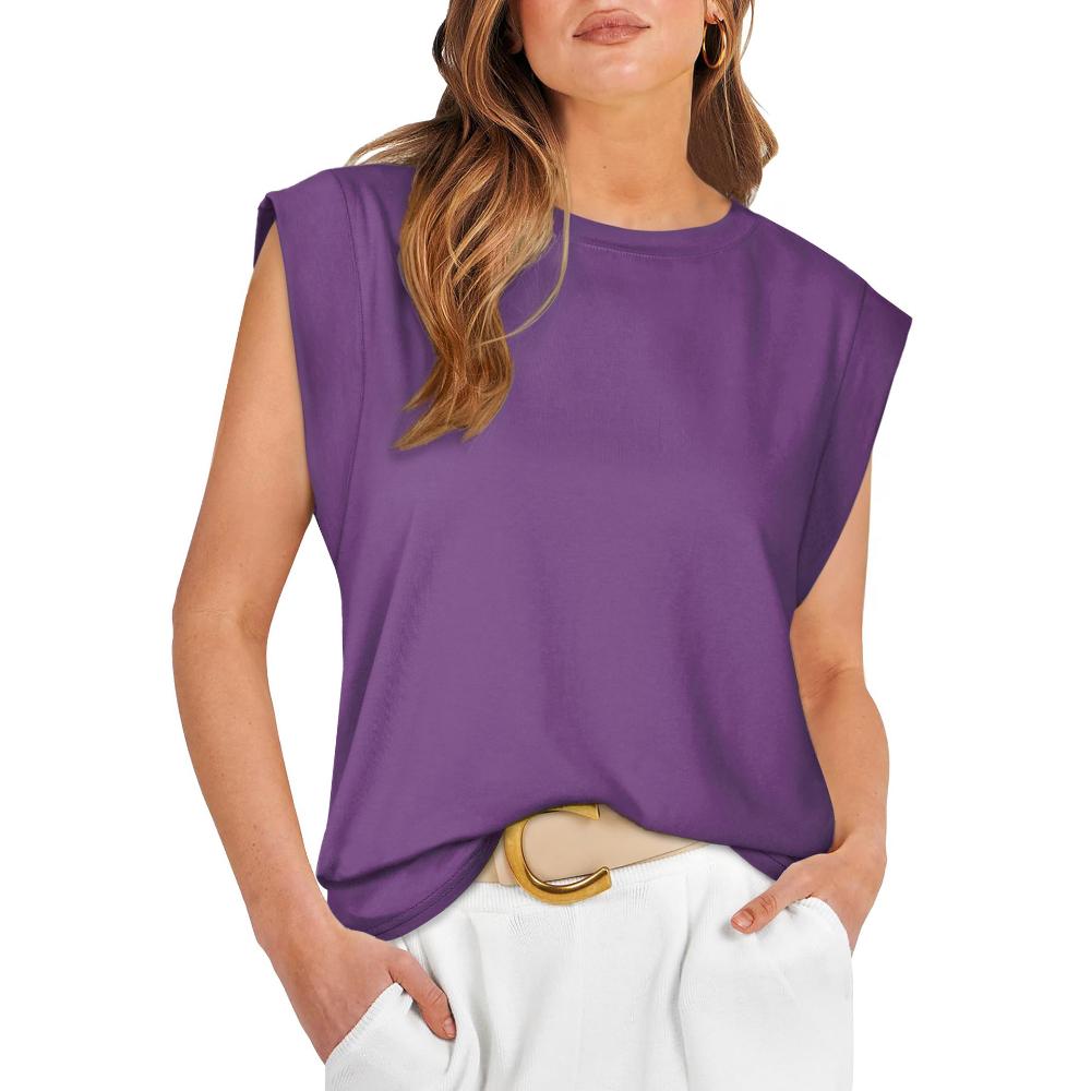 

Летний повседневный жилет с коротким рукавом для женщин, свободная футболка без рукавов с круглым вырезом, модная простая футболка для работы и отдыха, дышащий легкий пуловер, топ L фиолетовый