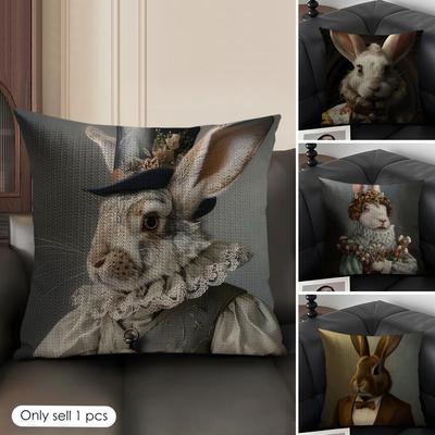 Rabbit Portrait Renaissance Cushion Cover Natural Linen Organic Fabric Double-Sided Printing Sofa Home Decor Gift Pillow Case