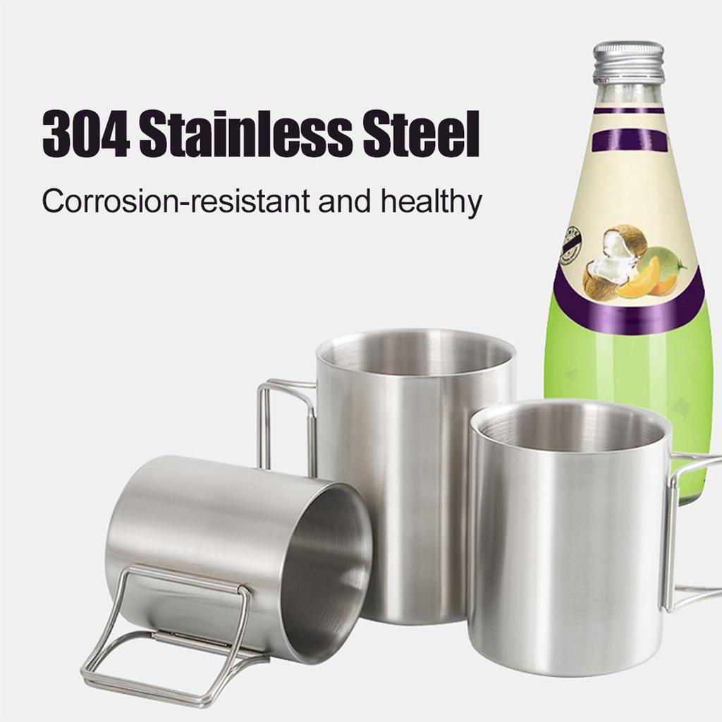 Kubek Kempingowy 200ml/300ml/400ml ze Stali Nierdzewnej Kubek na Wodę Kubek do Herbaty Kubek do Kawy ze Składanymi Uchwytami na Kemping Piesze Wycieczki Outdoor