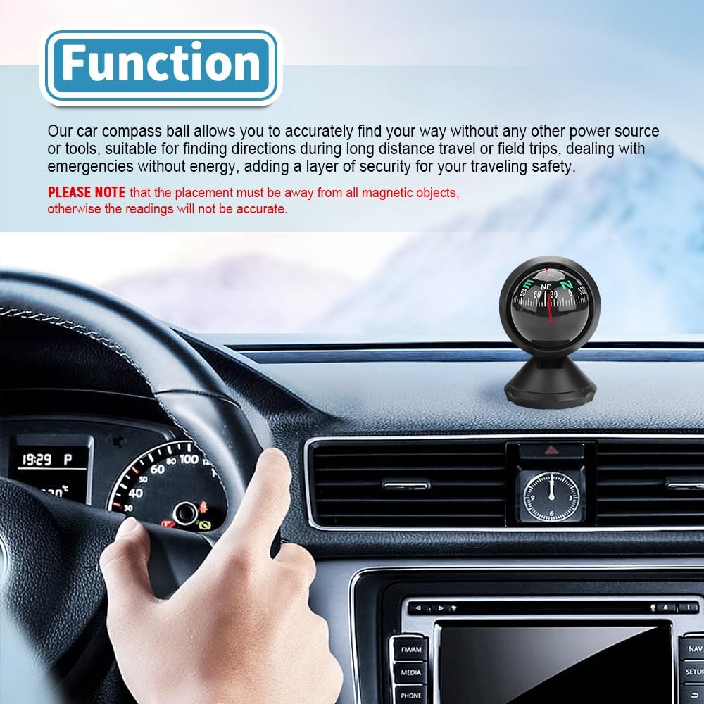Car Compass, Vehicle Compass, Dash Mount Adjustable Compass Ball with Bottom Stick, Universal Car Accessories Navigation Hiking Direction Pointing