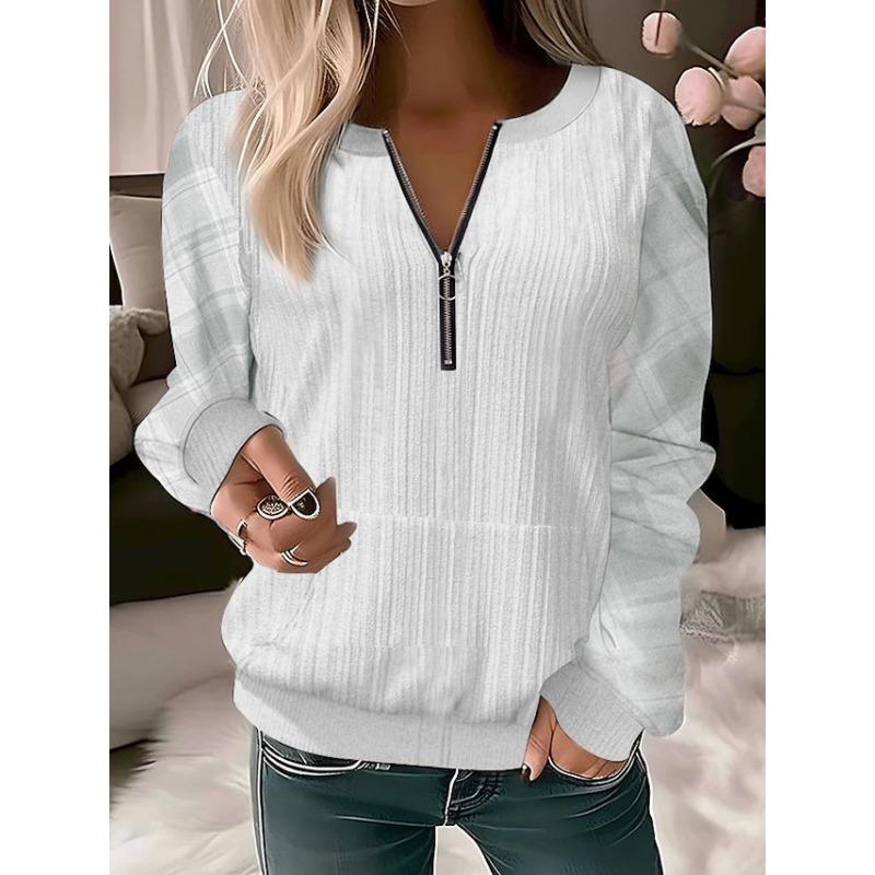 Autumn and Winter Women's Plus Size Long Sleeve Pullover Printed V-Neck Zip Top