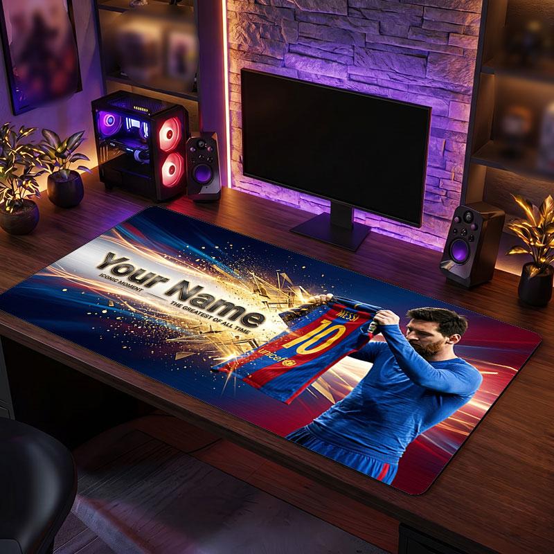 Tappetino per Mouse Grande Personalizzato Lionel Messi, Stampa Testo Nome Personalizzato, Tappetino da Scrivania Antiscivolo con Logo Calcio, Regalo per Gamer