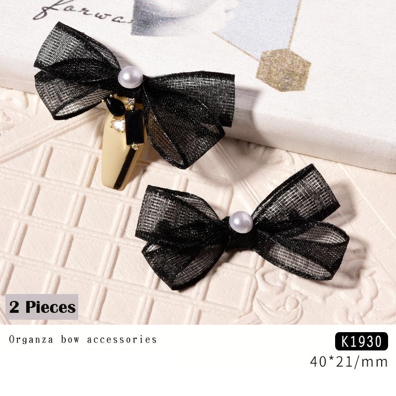 2Pcs Organza Bow Nail Art Decorations Retro Pearl Lace Ribbon Charm Manicure Accessories