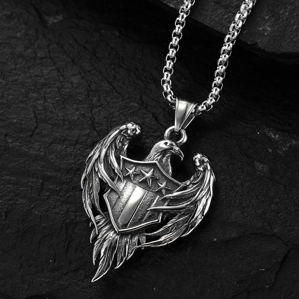European and American Retro Jewelry, Titanium Steel Wings, Flying Eagle Shield Necklace, High-quality Men's Jewelry