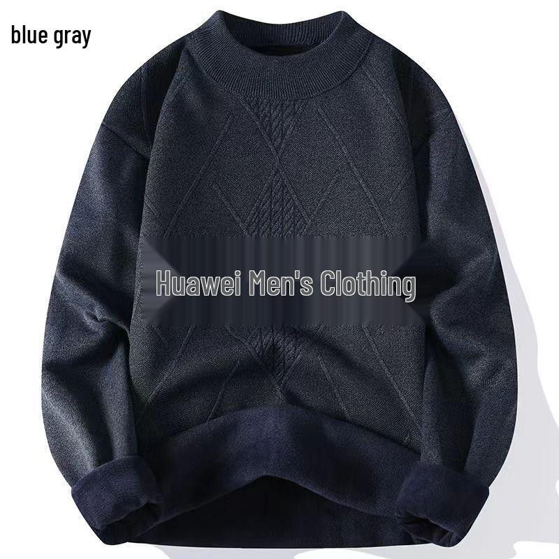 Men s Fleece-Lined Jacquard Knit Sweater - Warm, Thick, Round Neck Korean Style for Autumn & Winter M 40-50 kg
