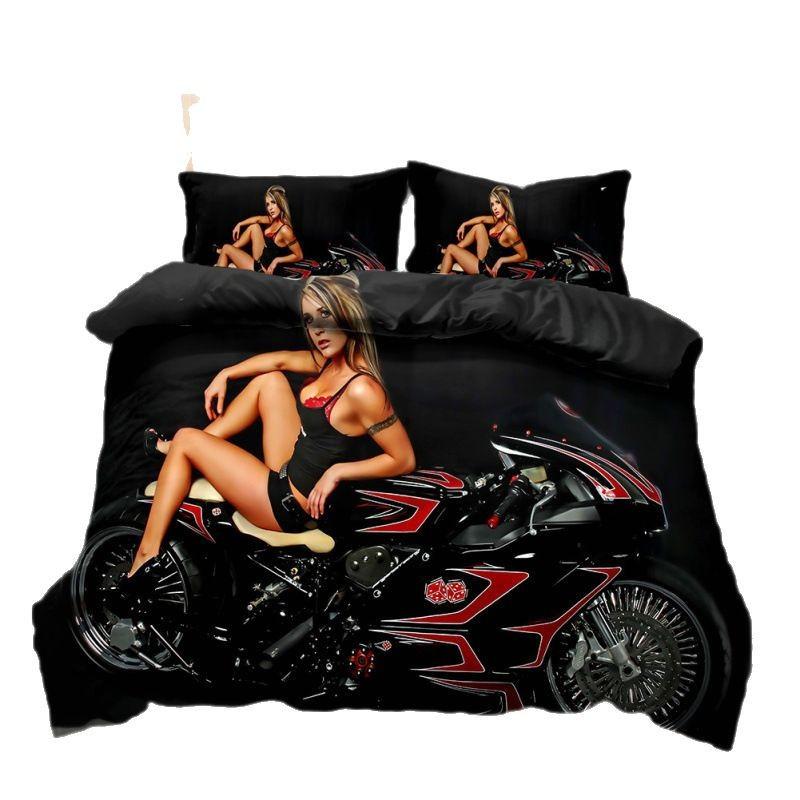 Lokomotive und Motorrad Muster Druck Bettbezug Kissenbezug 3D Digitaldruck Dreiteiliges Set