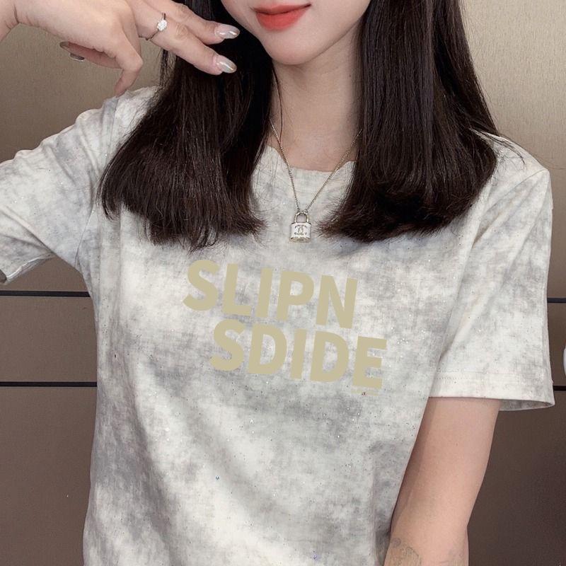 

Slim-Fit Sequin Print Women s Summer T-Shirt - Short Sleeve, Petite, High-End Fashion. XL (fits 57.5-65 kg) белый