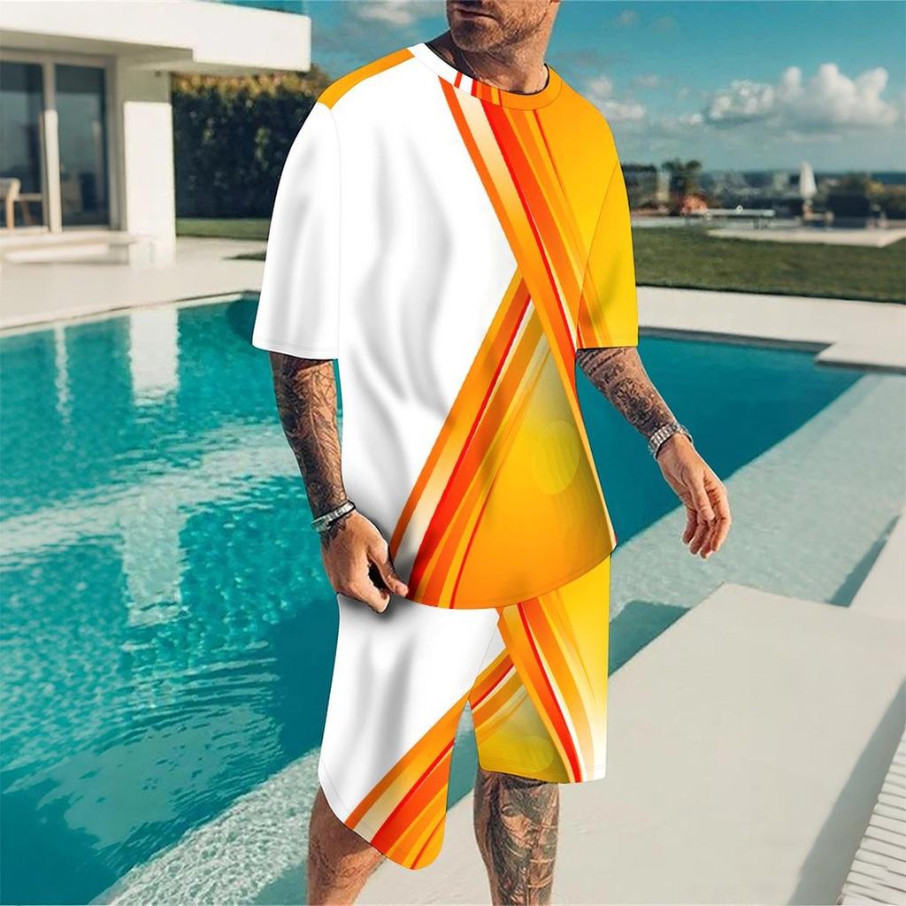 Men Diagonal Orange Yellow Stripe Split Print Short Sleeve Tee And Matching Shorts Two Piece Outfit