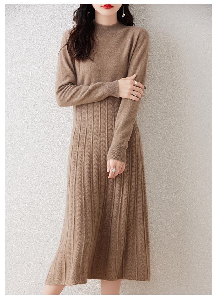 Elegant Merino Wool Women's Bodycon Knit Dress - New Style with Half High Neck and High Waist Design