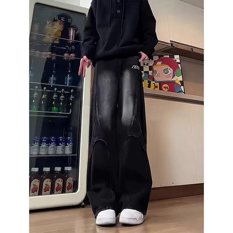 Trendy versatile ruffian handsome design deconstruction splicing jeans men's American high street straight loose wide-leg boys pants