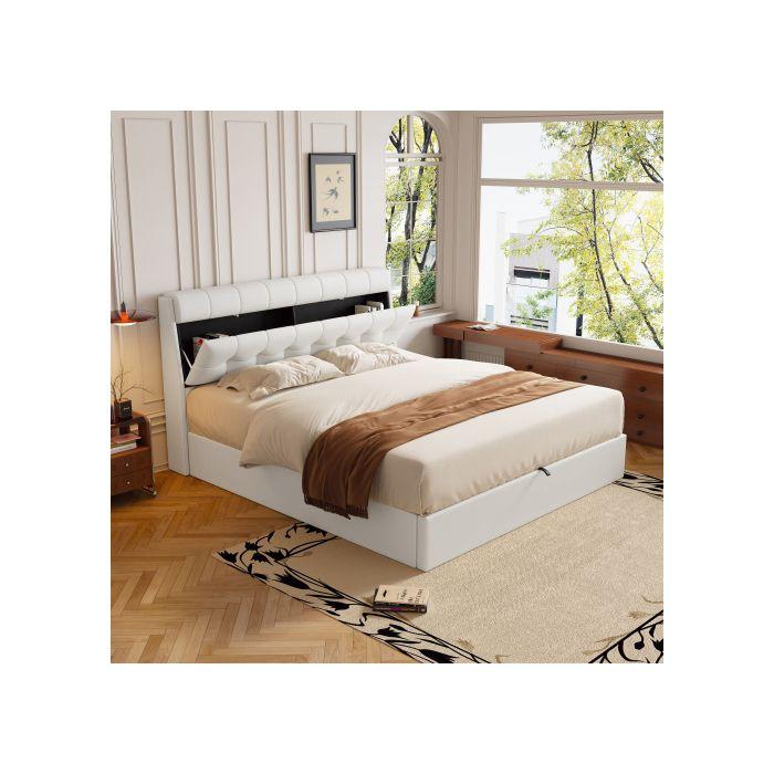 Lit - MUVOE - 140x190 - Lit hydraulique - Rangement caché - Design moderne blanc