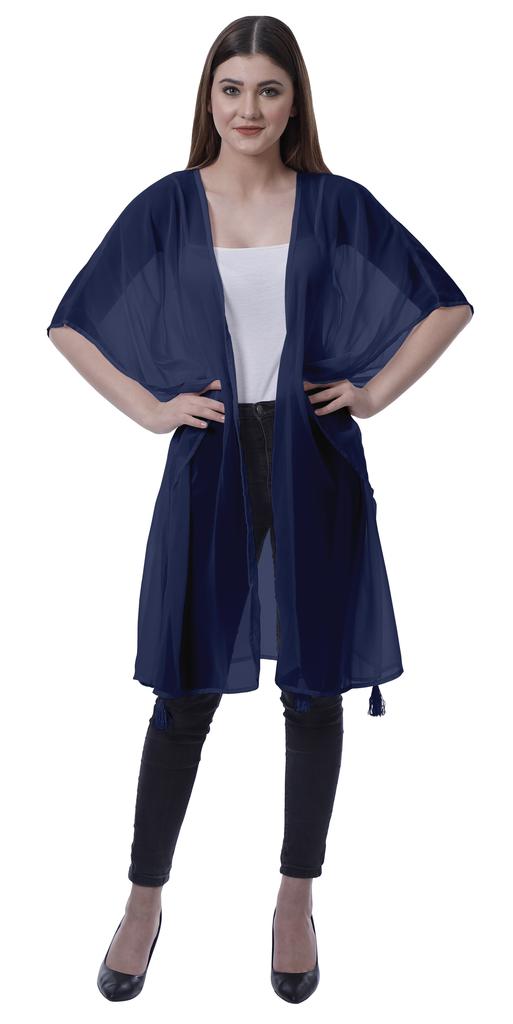 Moomaya Womens Georgette Shrug Open Front Long Sheer Coverup w  Tassels