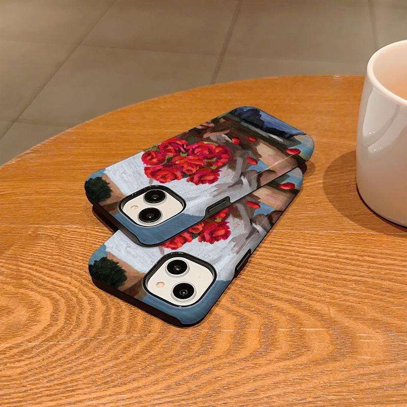 Impressionist Romantic Bouquet Red Rose Oil Painting Fine Art Film Aesthetic Protective Shockproof Bumper Case Cover For iPhone 14 15 16 Pro Max Plus