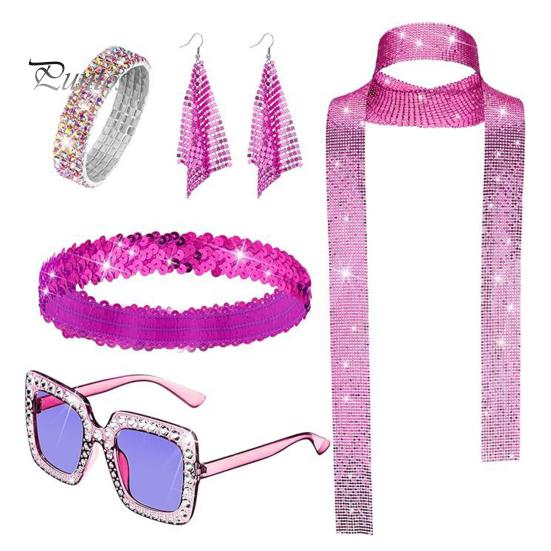 

Женский костюм в стиле хиппи, аксессуары, комплект украшений с блестками, серьги, очки, повязка на голову, браслет, наряды для дискотек, наряды для вечеринок 1970-х годов, блестящий декор для выпускного вечера One Size E