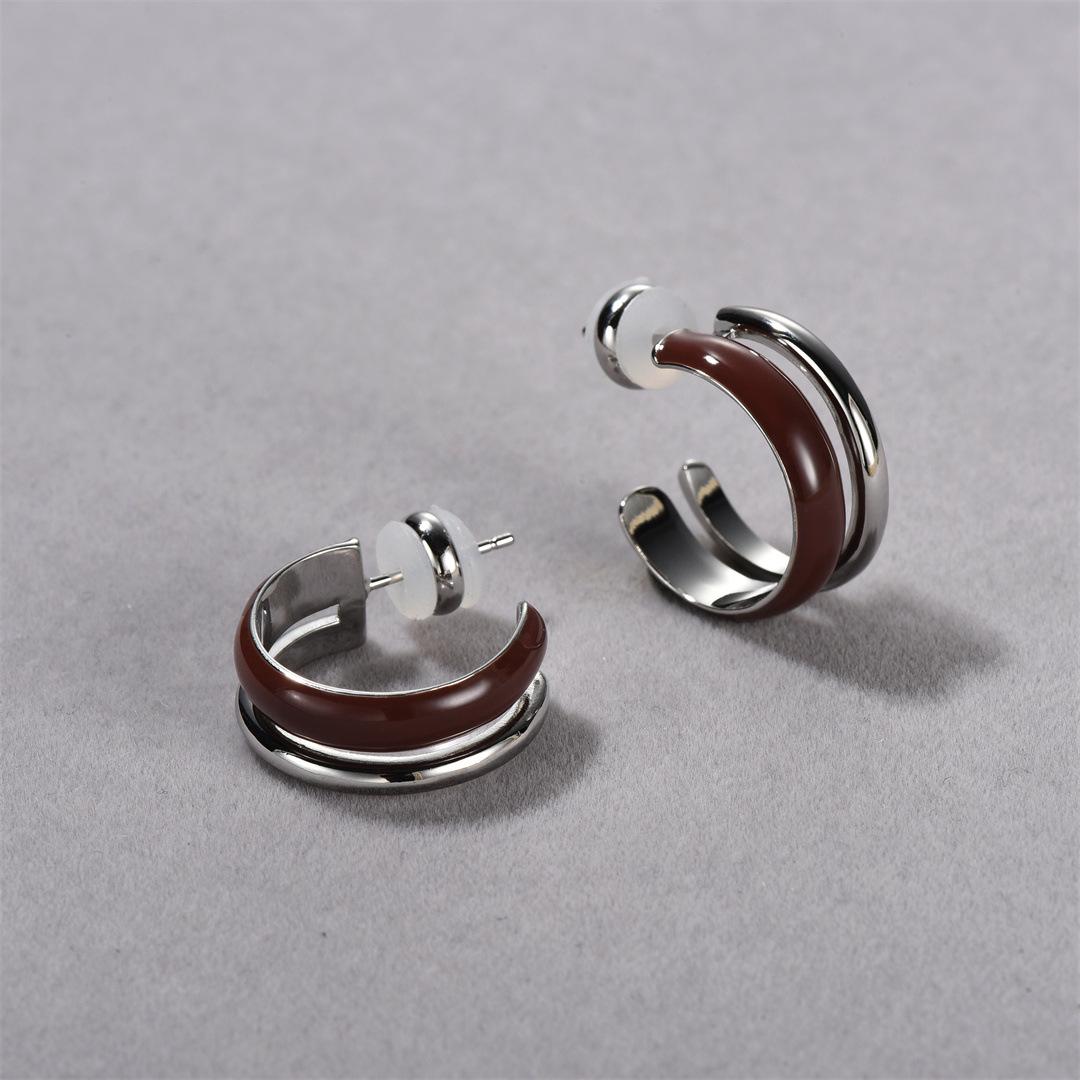 Enamel Double Track Earrings Designer Niche Personalized Earrings High-End French Versatile Earrings Female Explosion