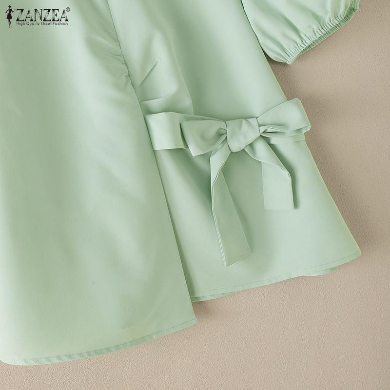 ZANZEA Women Casual Round Neck Solid Color Puff Short Sleeve Blouse