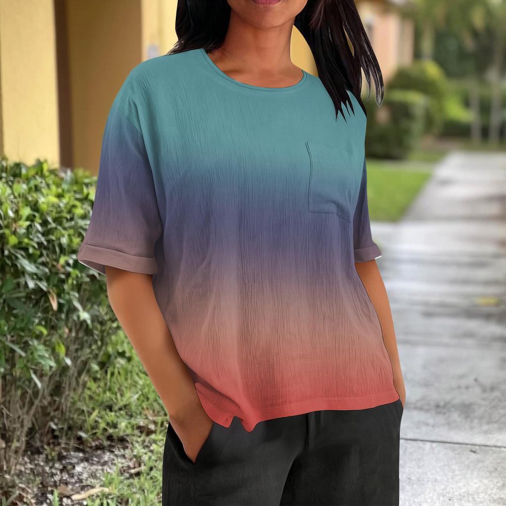 Fashionable Women's T-shirt Short Sleeved Casual Top With Pocket Gradient Print Round Neck Lightweight Shirt