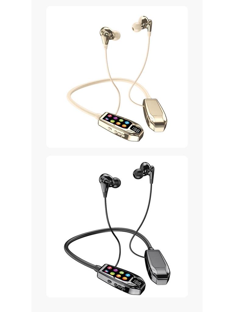 Trendy Neck-Hanging Bluetooth Headphones with High-Quality Sound, Digital Display, Karaoke Feature, and Long Battery Life.