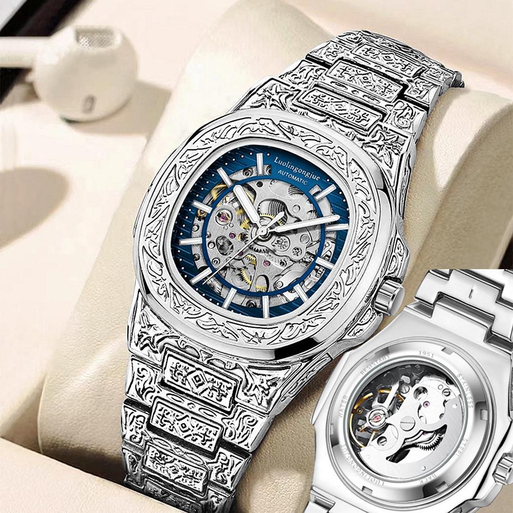 

Роскошные мужские деловые автоматические механические часы - Водонепроницаемые, Светящиеся, Скелетонизированный циферблат, Нержавеющая сталь синий