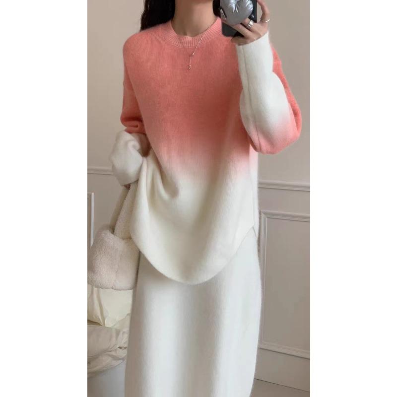 

Осень и зима свободный ленивый ветер пуловер круглый вырез градиент цвета темперамент повседневный пуловер вязаный верхняя одежда свитер