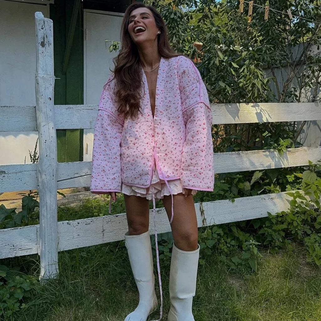 VAYLA Floral Printed Women's Cardigan Cute Lace up Pink Women Coat Casual Loose Autumn Warm Coats Fashion New Ladies Coats Outerwear