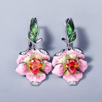 Elegante Ohrringe für Frauen, echte rosa blühende Blumen-Tropfenohrringe, edler Schmuck, handgefertigter Emaille-Schmuck, Party-Ohrringe