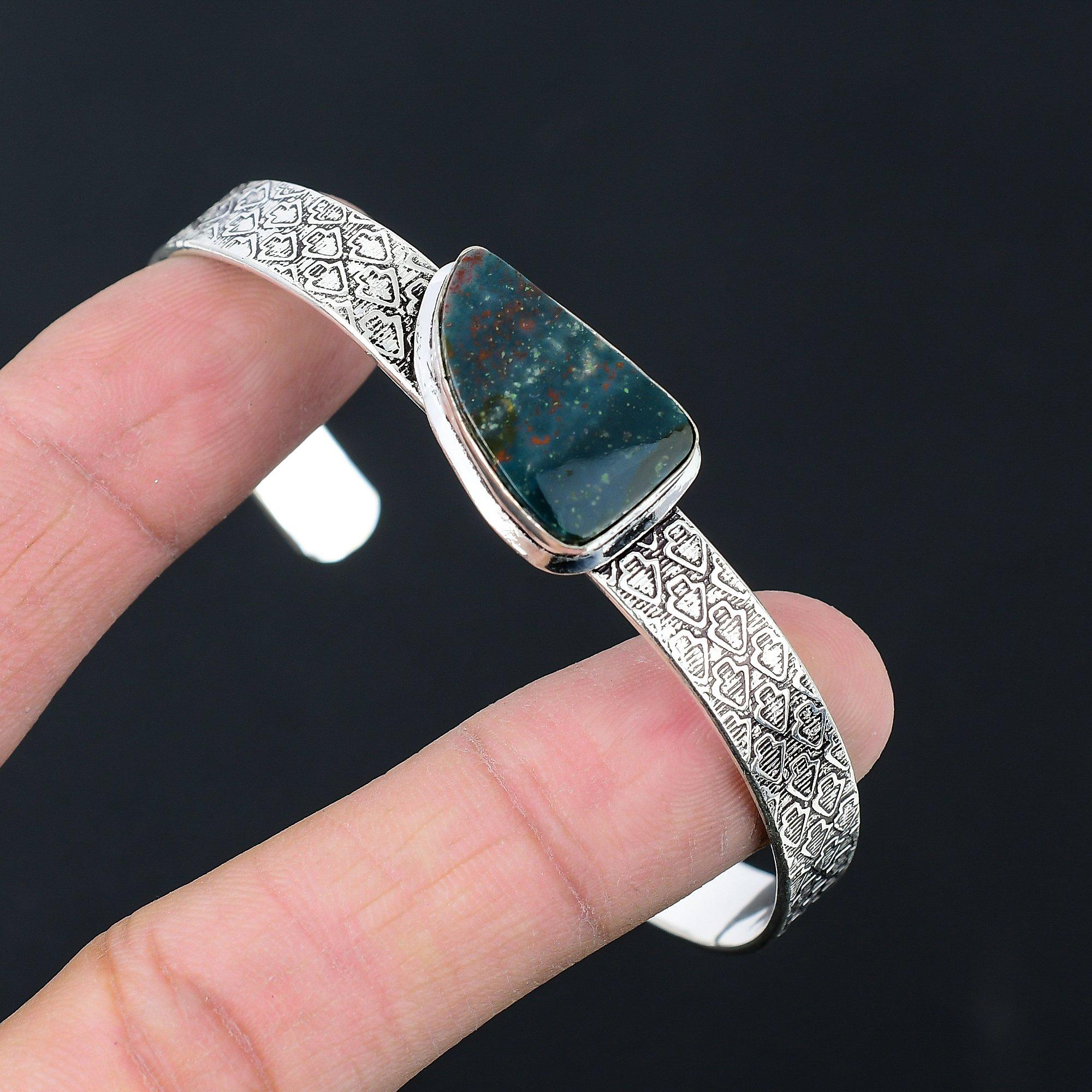 

Trillion March Birth Bloodstone Gemstone Wedding Bangle Jewelry Sterling Silver Adjustable