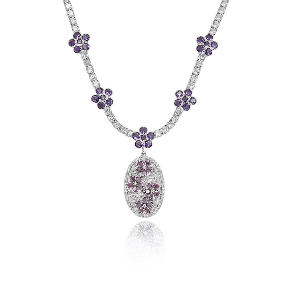 Purple Zirconia Flower Pendant Clavicle Necklace Set – European & American Style for Women