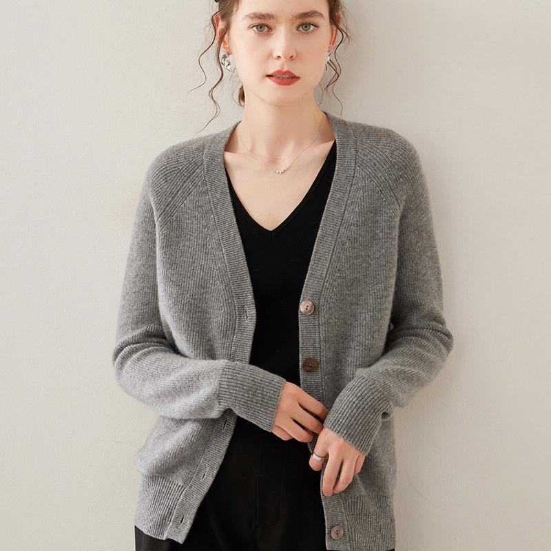 Women's Cashmere V-Neck Knit Cardigan - Warm, Loose, Slimming Sweater for Autumn & Winter