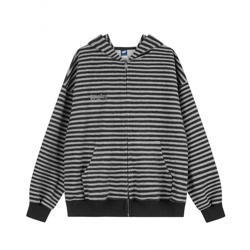Unisex Retro Striped Hooded Zip-Up Sweatshirt Casual Oversized Pullover Streetwear