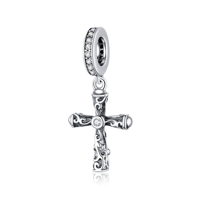 WOSTU 100% Real 925 Sterling Silver Cross Charm Zircon Bead Crosses Pendant Fit Original Bracelet DIY Necklace Religion Jewelry