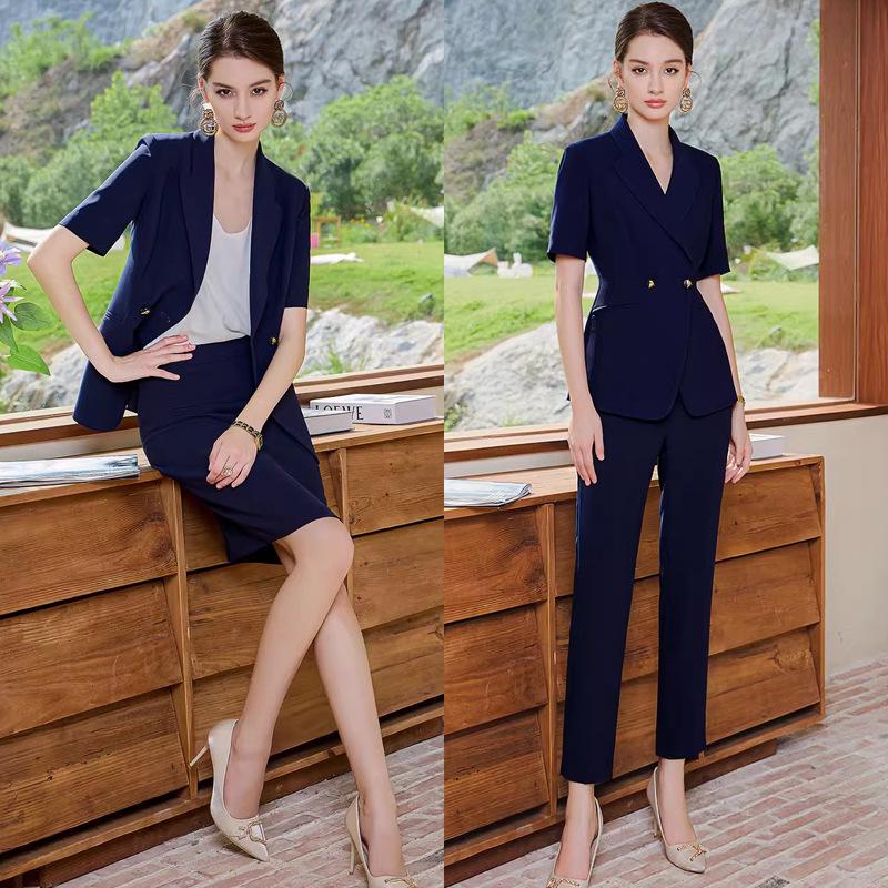 

Women s Slim Fit Navy Blue Short Sleeve Business Suit Set for Formal Occasions L